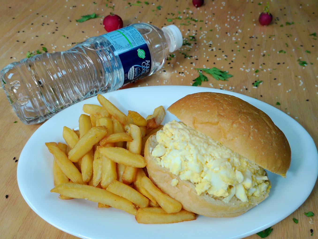 BOILED EGG BROWN BREAD+FRIES+WATER